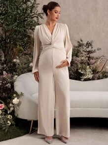 SHEIN 孕妇纯色扭腰灯笼袖阔腿连体裤 - 灰色 - 查看 6