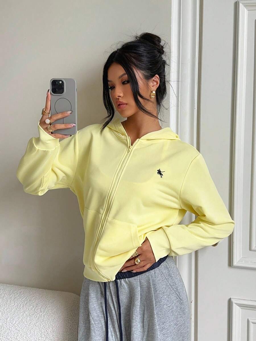 SHEIN EZwear Light Yellow Knitted Hooded Women's Rider Print Long Sleeve Zip-Up Sweatshirt Yellow Hoodie Women Yellow Sweatshirt In Fall/Winter
