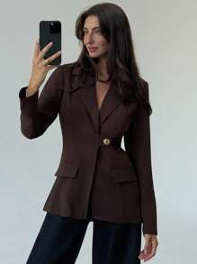 Aloruh 秋冬女士时尚优雅单排扣翻领常规夹克 - 棕色 - 查看 6