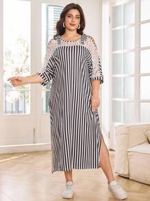 Lacomfia Elegantes Lässig Kleid in Große Größen mit Kontrastspitze, Twist-Schulter und freier Schulter