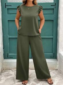 SHEIN Clasi 2 件套女士加大码卡其色泡泡褶皱喇叭袖衬衫和阔腿松紧腰裤套装，优雅的春夏套装 2 件套女士套装女士套装女士两件套女士两件套女士套装女士休闲、商务休闲女士 - 軍綠色 - 查看 6