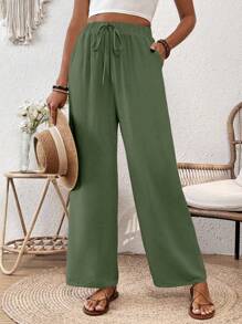 Breezaya Loose Straight-Fit Elastic Drawstring Muscle Textured Wrinkled Fabric Imitation Spring Summer Long Pants Fall Cloth For Women - Army Green - View 1