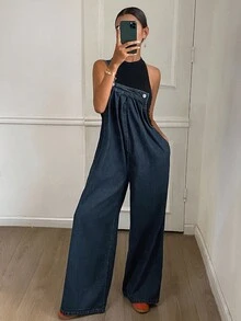 DAZY 女式休闲宽松褶皱口袋阔腿牛仔连体裤