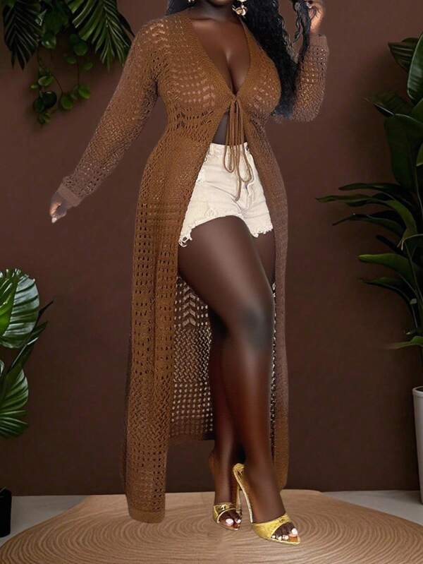 Slaydiva 2025 New Plus Size Women's Fashionable Vacation Beach Hollow Out Twist Front Cardigan, Summer Brown Cover Up Tan Cover Up Brown Crochet Cover Up Crochet Swimsuit Cover Up Brown Beach Cover Up