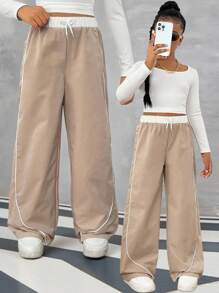 Tween Girl Casual All-Match Street Sports Versatile Black & White Contrast Trim Loose Wide Leg Pants,Holiday,Summer,Travel Fall Winter