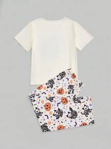 ROMWE Kawaii Plus Size Halloween Cat Skull Bat Pumpkin Print Short Sleeve Pants Casual Pajama Set - Apricot - View 2