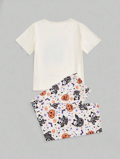 Kawaii Ensemble de pyjama décontracté à manches courtes avec imprimé tête de chat, crâne et chauve-souris citrouille, pour grande taille