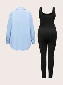 Modmama 2 pièces Ensemble de maternité : Chemise boutonnée à manches longues de couleur unie et pantalon-combinaison, décontracté