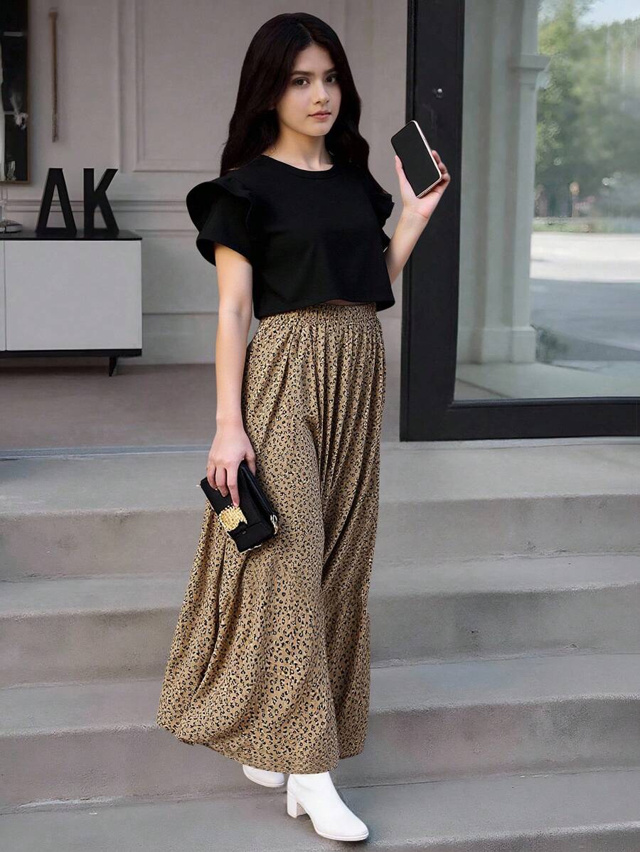 SHEIN Tween Girl Ruffle Trim Tee & Dalmatian Print Wide Leg Trousers - Multicolor - View 1