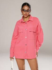 Jeanoix Women's Fashionable Y2K Button Down Drop Shoulder Long Sleeve Denim Jacket - Pink - View 2