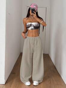SHEIN PETITE 女式夏季纹理面料直筒裤 - 灰色 - 查看 4
