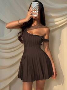 SHEIN EZwear Women's Casual Coffee Brown Knitted Sweater Dress,Fall - Coffee Brown - View 6