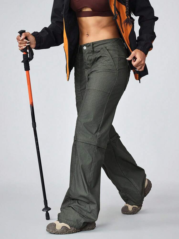 女式休闲低腰直筒可拆卸牛仔裤 - 軍綠色 - 查看 6