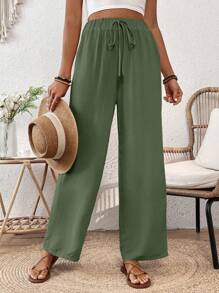 Breezaya Loose Straight-Fit Elastic Drawstring Muscle Textured Wrinkled Fabric Imitation Spring Summer Long Pants Fall Cloth For Women - Army Green - View 5