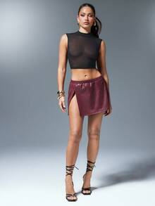 Denimoi Minifalda con abertura alta de piel sintética con patrón tejido, falda de piel sintética, faldas sexy, piel tejida