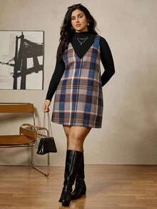 Zelara Plus-Size Women'S Blue Colorful Plaid V-Neck Sleeveless Dress,Summer Casual Back-To-School Office Siren Style,Minimalist School Winter Outfits - Multicolor - View 7