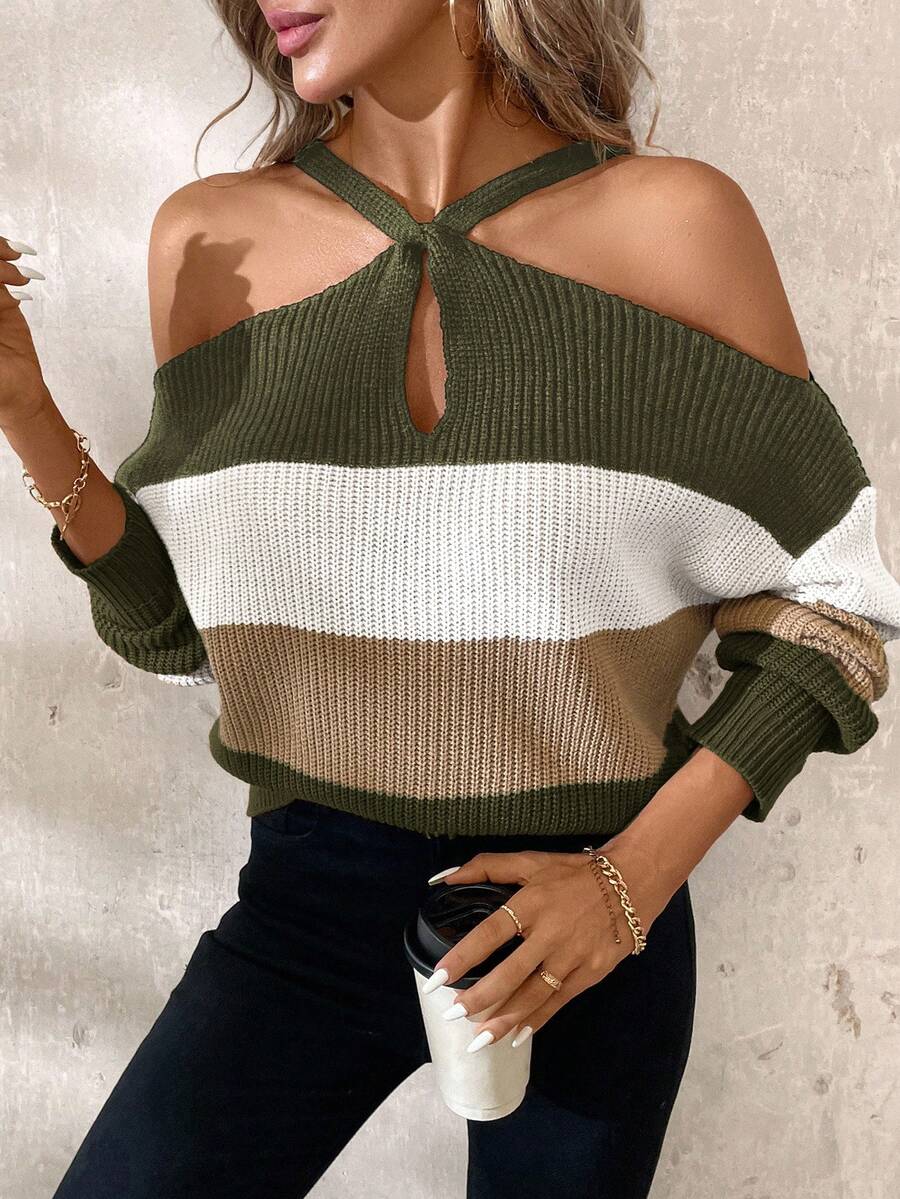 SHEIN Clasi Women's Loose Fit Contrast Stripe Long Sleeve Cowl Neck Sweater Autumn Winter Clothes For Women