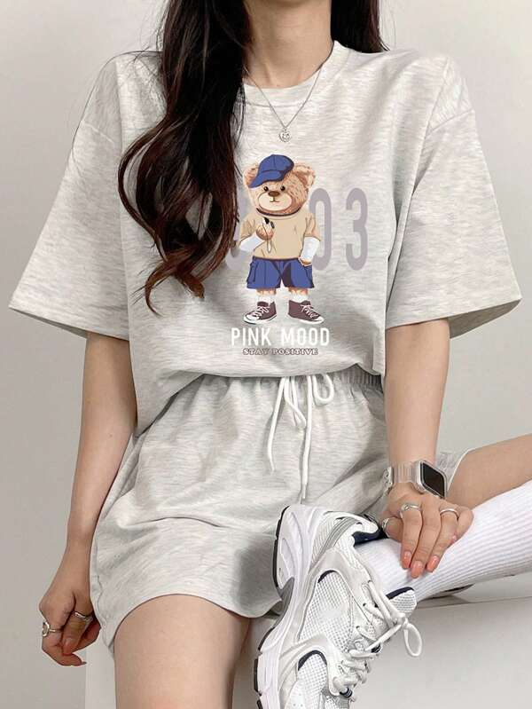 DAZY Women's Cartoon Print Round Neck Loose T-Shirt And Shorts 2 Pieces Sportswear Set, Casual For Spring/Summer