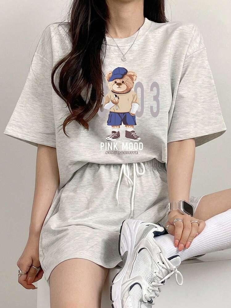 DAZY Women's Cartoon Print Round Neck Loose T-Shirt And Shorts 2 Pieces Sportswear Set, Casual For Spring/Summer Lounge Sets For Women - Grey - View 1