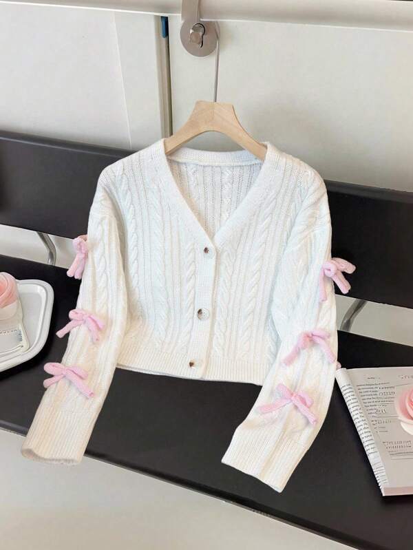 Souflis Souflis Fashionable, Versatile, Cute Bow V-Neck Cardigan For Tween Girl Cute Cardigan Cardigan For Teen Girls Tween Girl Cardigan Sweater Girls Cardigan With Bows White Cable Knit Cardigan