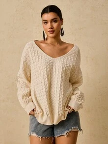 SHEIN VCAY Áo len dài tay rộng cổ chữ V màu mơ cỡ lớn dành cho nữ, áo chui đầu dệt kim có lỗ khoét rỗng, họa tiết, áo len nữ, áo len chui đầu cho nữ, áo len trễ vai, áo len cổ chữ V, áo len thu đông dành cho nữ, áo len nữ cỡ lớn, áo len trễ vai, áo len trắng - Màu be - Xem 5