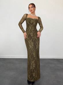 Aloruh 女士秋冬新款性感 S 形蕾丝长袖紧身胸衣美人鱼长款紧身连衣裙，适合派对、约会、晚会 - 軍綠色 - 查看 3