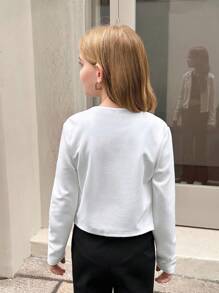 SHEIN 青少年女孩休闲日常百搭纯色褶皱圆领前开短款 3/4 袖夹克，开学季 - 白色 - 查看 7