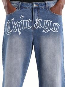 SUMWON Wide Leg Gothic Script Text Print Loose Fit Baggy Skater Style Street Fashion Denim Jeans For Casual Wear Fall Winter Collection - Blue - View 6
