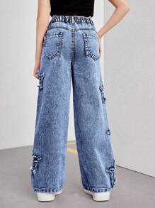 SHEIN Streecool Kids Tween Girls Y2K Style Pink Embroidered Star Denim Wide Leg Pants, Fashionable Streetwear Casual Versatile Chic Girls Must-Have Item, Suitable For All Seasons Fall Winter - Dark Wash - View 2
