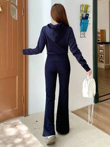 SHEIN Teen Girls Casual Fitted Jacket Hoodie Long Sleeve And Flared Leg Pants Co-Ord Set