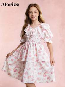 Tween Girls Casual Elegant White Ditsy Floral Ruffled Hem Camisole Dress - Pink - View 10