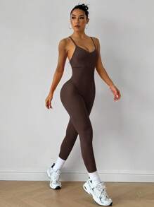 Easithlete 女士瑜伽罗纹连体裤 - 棕色 - 查看 5
