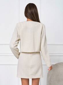 SHEIN Tall Women's Cottnline Pearls Trim Flap Detail Crop Jacket & Bodycon Dress - Beige - View 2