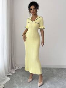 Elenzga Váy len ôm dáng tay ngắn cổ thủy thủ màu vàng kem, màu tương phản, dành cho nữ, đầu thu - Màu vàng - Xem 6