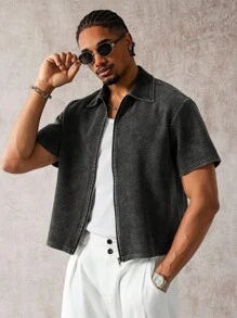 Manfinity EMRG 男士休闲酸洗短袖衬衫 - 黑色 - 查看 4