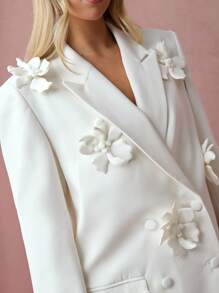 Enchnt Fall/Winter Romantic Women's White 3D Flower Decor Long Sleeve Lapel Blazer,Sweet&Elegant&Fashionable For Vacation&Date&Holiday&Birthday&Party&Graduation&Wedding Guest&Office&Going Out,Back To School,Fall Blazers For Women,Autumn Clothes