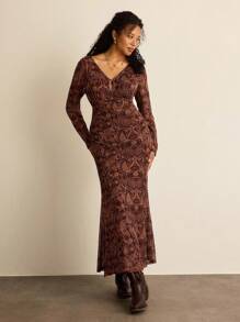 Freevana 大码女式度假腰果花卉印花 V 领长袖鱼尾下摆西式长裙女式秋季服装万圣节女式冬季服装女式连衣裙优雅西式服装女式冬季棕色连衣裙波西米亚风女式服装狂欢冬装女式仙女连衣裙派对办公室外出服装音乐会西式连衣裙节日另类优雅连衣裙焦橙色连衣裙 - 彩色 - 查看 4