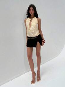 Aloruh Women's Sexy Hollow Out Sequin Backless Draped Neck Top, Summer - Apricot - View 5