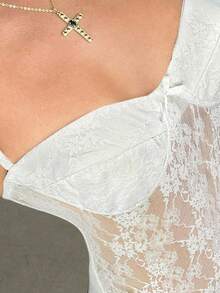 Aloruh Women's Solid Color Spaghetti Strap Lace Sexy Sheer Bodysuit - White - View 7