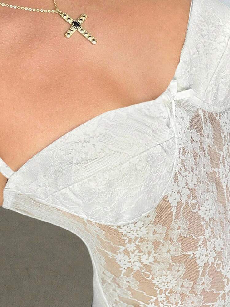 Aloruh Women's Solid Color Spaghetti Strap Lace Sexy Sheer Bodysuit - White - View 7