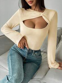 Chiquease 女士不对称扭纹领口喇叭长袖 T 恤 - 杏色 - 查看 6