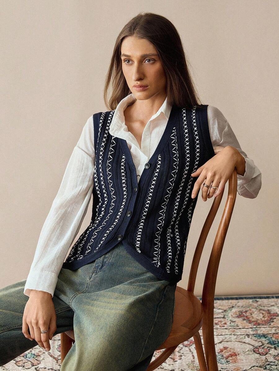 Florisole Women's Fashion Bohemian Knitted Cardigan Vest - Navy Blue - View 1