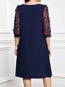 Miaspire Plus Size Summer Elegant 3D Floral Decor Mesh Patchwork Dress, Dress,Flower/Vacation/Spring - Navy Blue - View 2