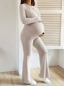 SHEIN 2 Pieces Maternity Apricot Solid Round Neck Raglan Sleeve Ribbed Casual Tops And Flared Pants Set Maternity Two Piece Set Ribbed Two Piece Set Autumn Women Clothing  Beige  Fall - Khaki - View 5