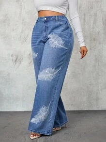 Slaydiva Quần jean ống rộng dáng rộng họa tiết lông vũ cỡ lớn dành cho nữ - Màu xanh lam - Xem 4