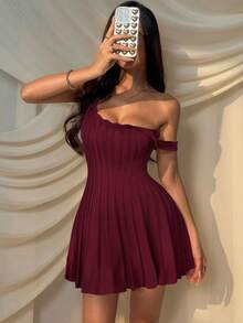 SHEIN EZwear Women's Casual Burgundy Knitted Sweater Dress,Fall - Burgundy - View 6