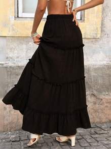 Brillora Solid Ruffle Hem Skirt - Black - View 2