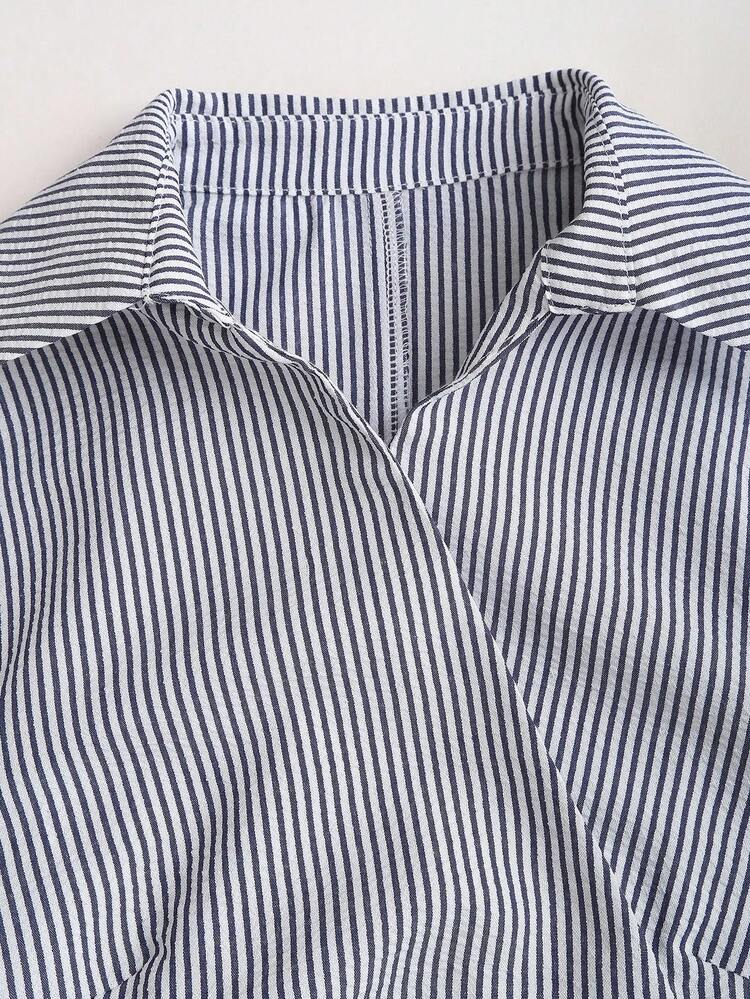 Sweetra 新款通勤百搭办公条纹蝴蝶结袖口喇叭袖女式衬衫秋季女装 - 藍白色 - 查看 3