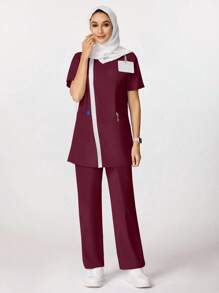 TaskEZ Lace Patchwork Casual Loose Multi-Pocket Top & High Waist Straight Leg Pants Scrub Uniform Set - Burgundy - View 5