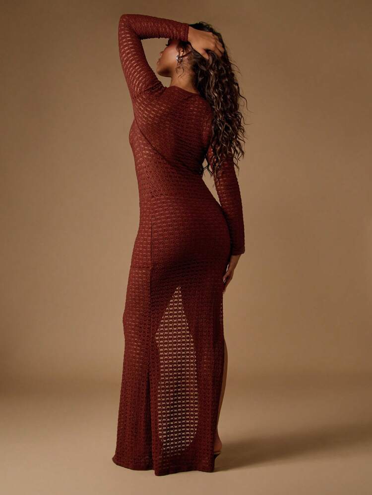 MISSGUIDED Bodycon Long Sleeve Maxi Dress Floor Length Burgundy Knit Evening Dress With Button Front Detail See Through Pattern Elegant Form Fitting Gown Christmas
